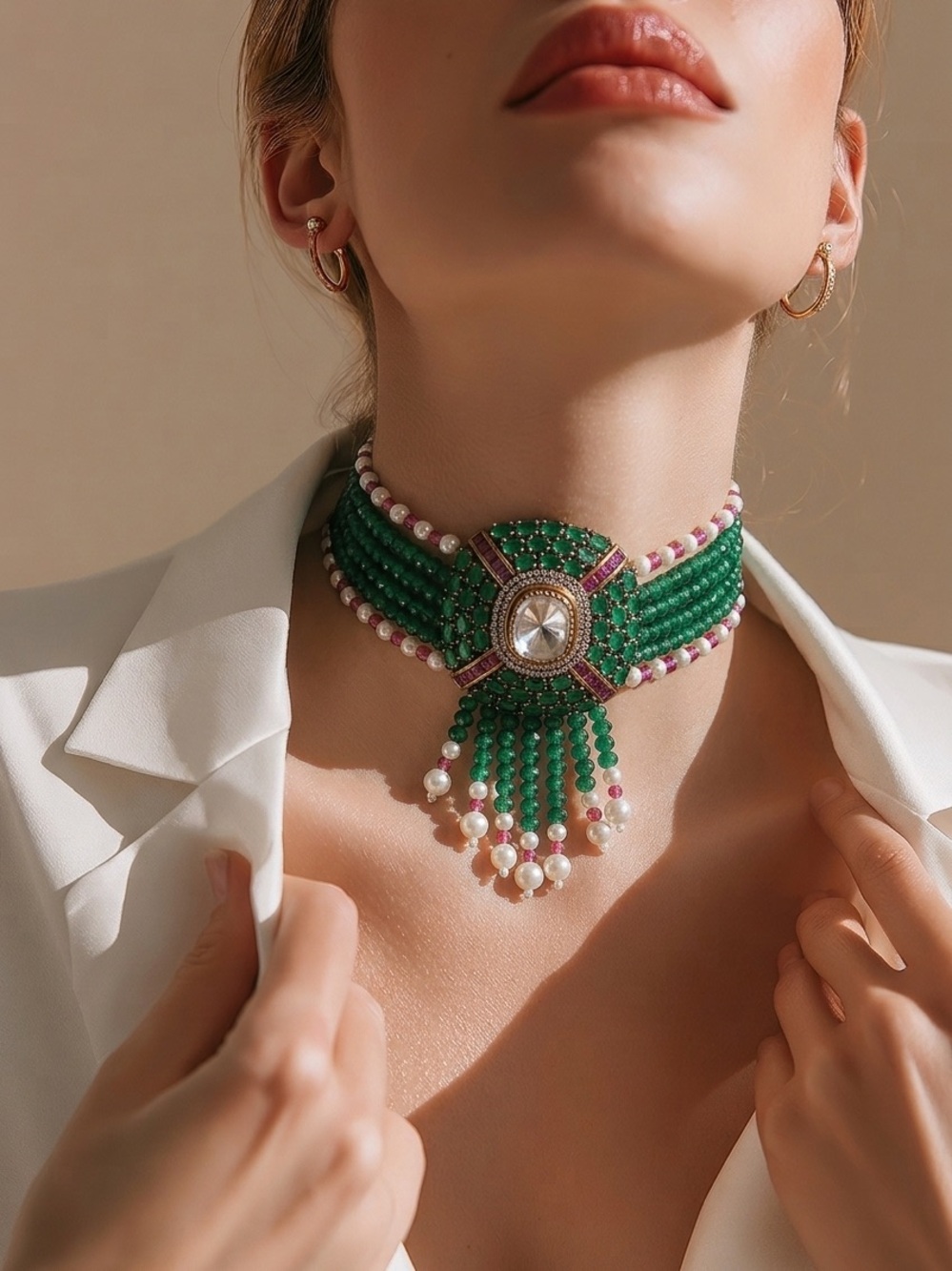 Elegant Green Beaded Choker Necklace set with Pearlsand beads